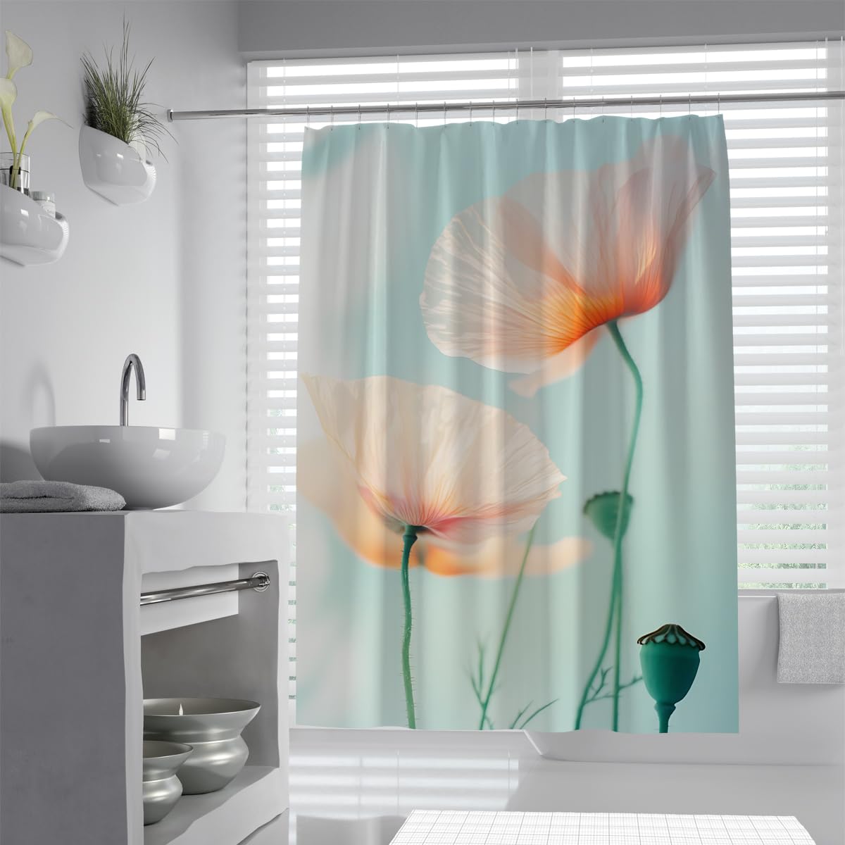 UIRINGART Chic Pastel Bloom Shower Curtain W100xL200cm Teal Orange Soft Poppy Style Anti Mould Washable Fabric Shower Screen Bath Decoration With Hooks