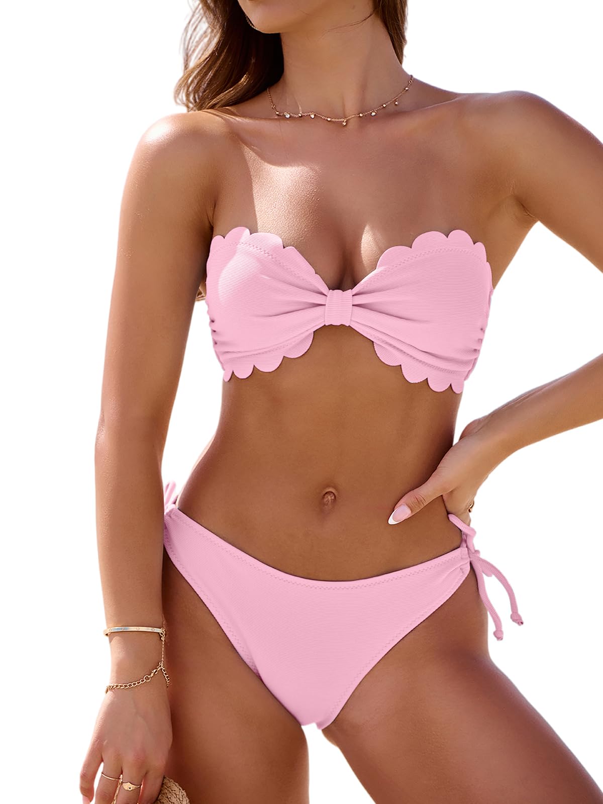 Womens Wavy Edge Bandeau Bikini Strapless Tie Back Side String Bathing Suits Two Piece Swimsuit-image-47