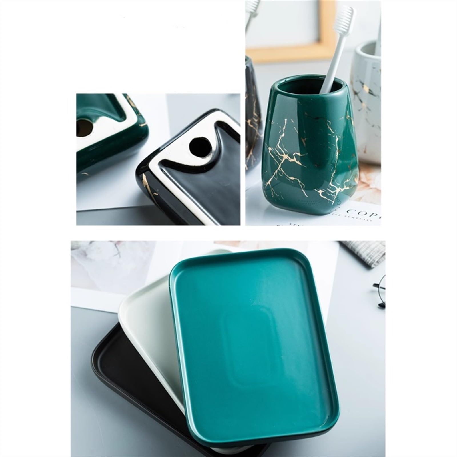 Dozownik mydła do łazienki kuchni zestaw akcesoriów łazienkowych ceramiczny dozownik mydła uchwyt na szczoteczkę do zębów taca na mydło i taca 5-częściowy organizer łazienkowy zestaw na blat marmurowy