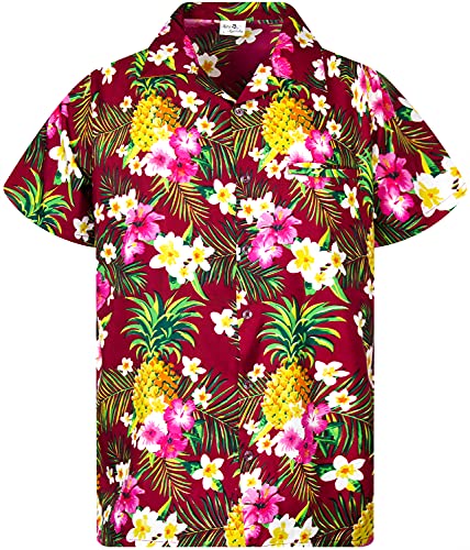 King Kameha - Camisa hawaiana de manga corta para hombre, llamativa y casual, con botones, estampado de flores y piñas, unisex, Flores de piña granate, X-Small