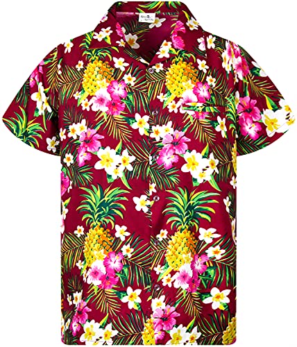 King Kameha Camicia hawaiana casual funky per bambini ragazzi e ragazze tasca frontale molto forte manica corta unisex fiori ananas stampa palme, Fiori Di Ananas Maroonred, 6 Anni