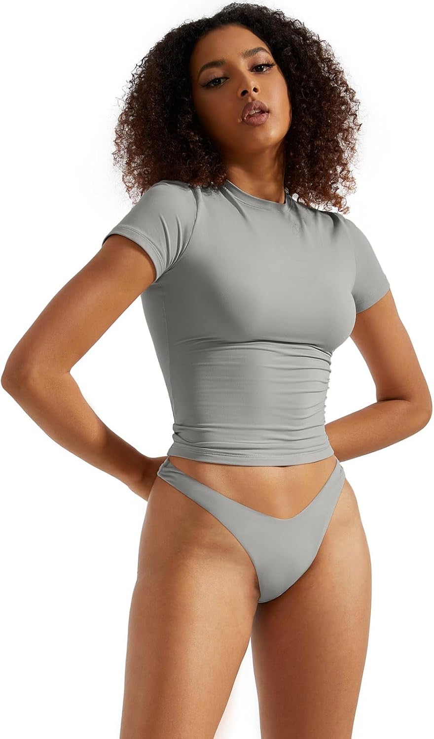 SUUKSESS Women Double Lined Fitted Basic Tee Crew Neck Short Sleeve Y2K Crop Top - Image 3