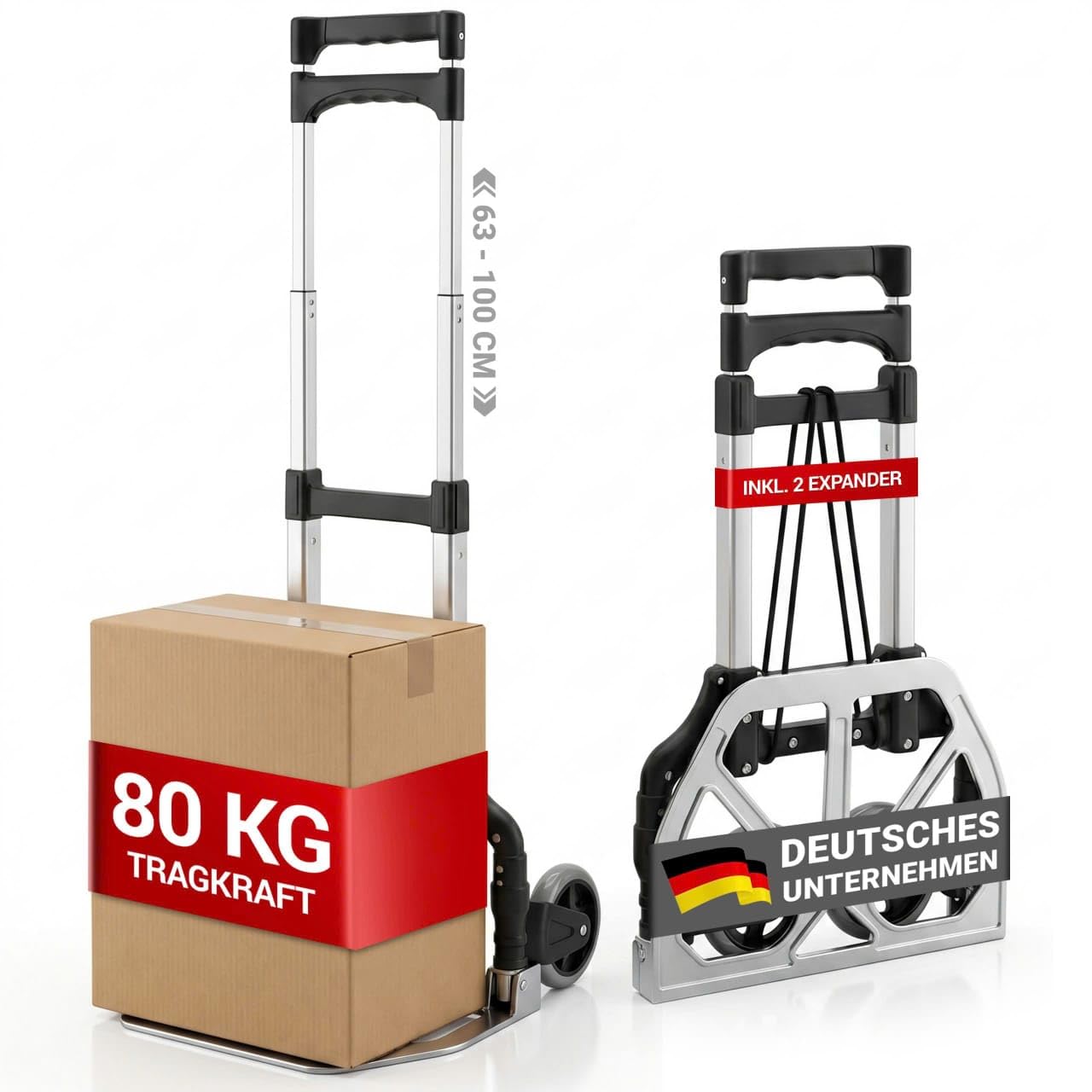 Sackkarre Klappbar, Transportwagen aus Aluminium mit 2 Expander | Transportkarre bis 80kg belastbar mit stabilen Reifen, Transporthilfe für Getränkekisten, Klappsackkarre