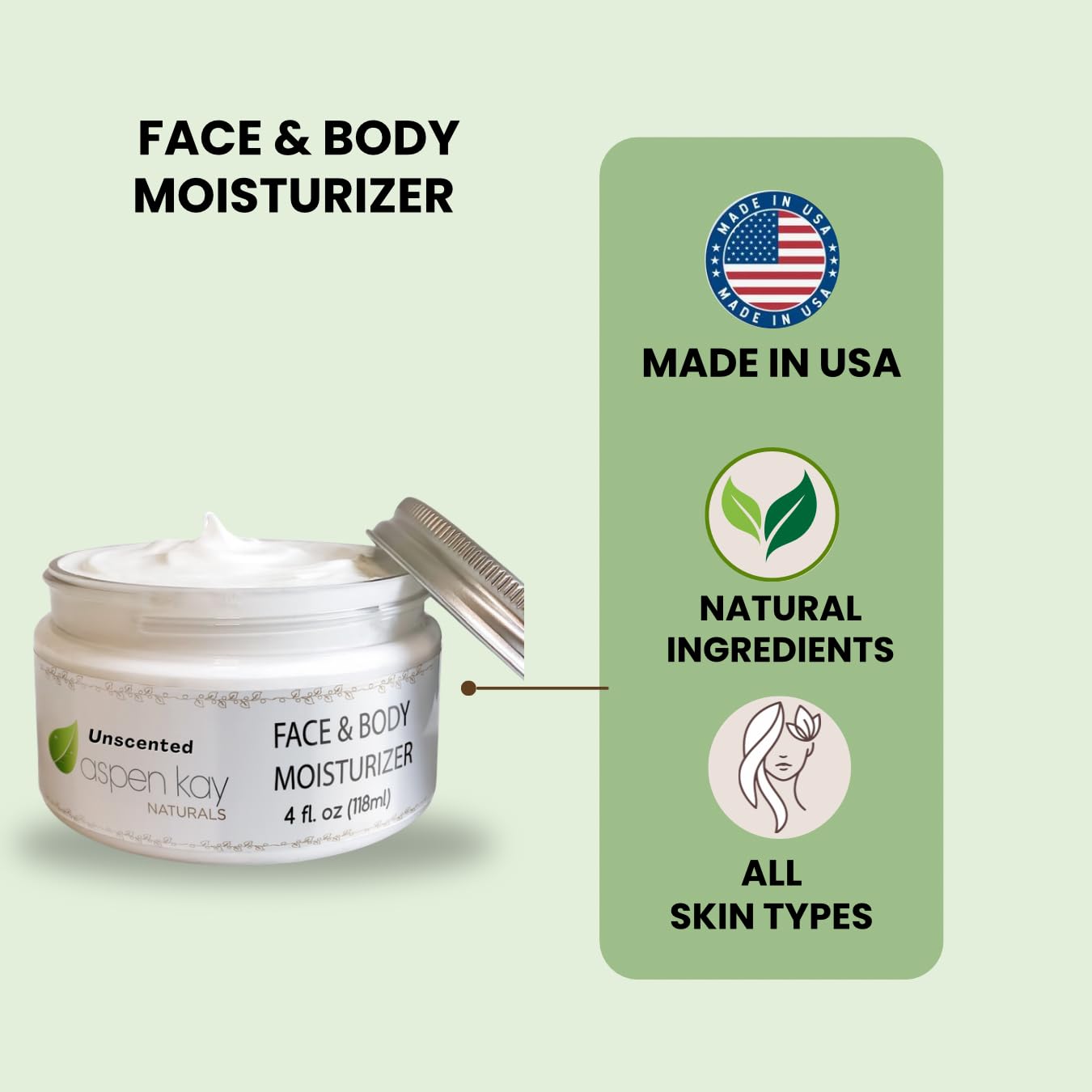 Aspen Kay Naturals Face & Body Moisturizer - Natural Moisturizing Face Cream for Sensitive Skin - Light, Non-Greasy & Fast Absorbing - Natural Face Moisturizer for Women & Men - Unscented - (4 ounces) - Image 2