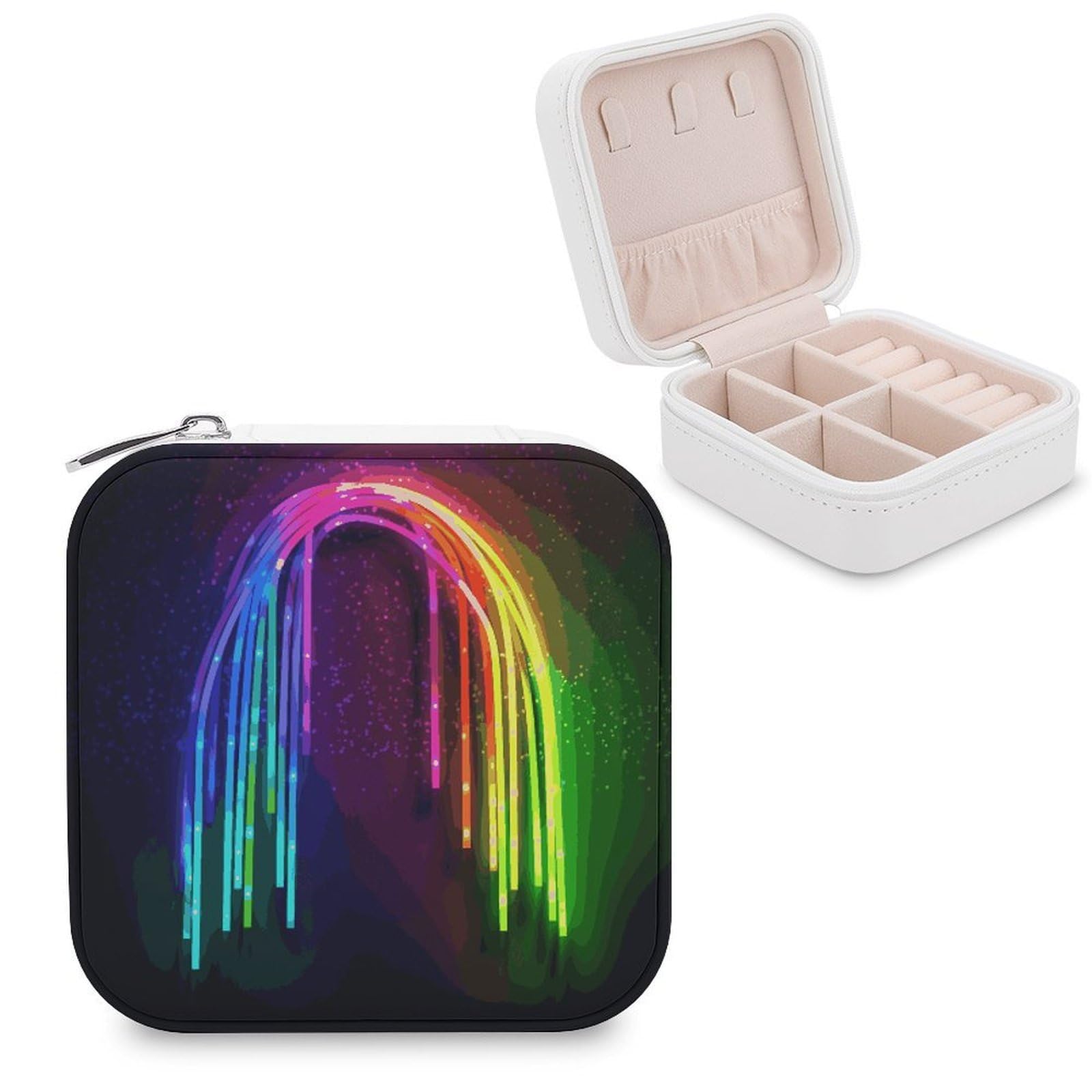 FekiLoot Rainbow Neon Jewelry Box Exquisite Jewelry Organizer Silver Gold Trinket Storage Case Multi Compartments Cute Earrings Ring Necklace Holder For Woman Household Gift