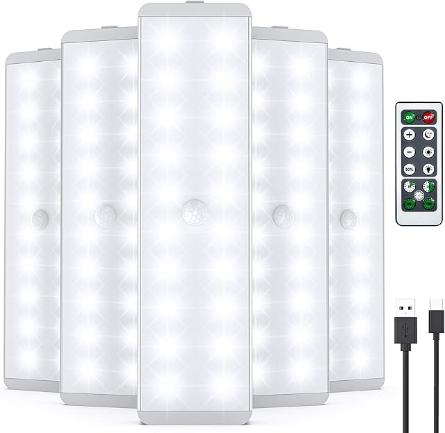 LED Motion Senser Closet Light, 5 Pcs 20LEDs USB Rechargeable Under Cabinet Lights with Remote Control, Wireless Under Cupboard Lights Stick-Anywhere Night Safe Light for Stairs Wardrobe Kitchen