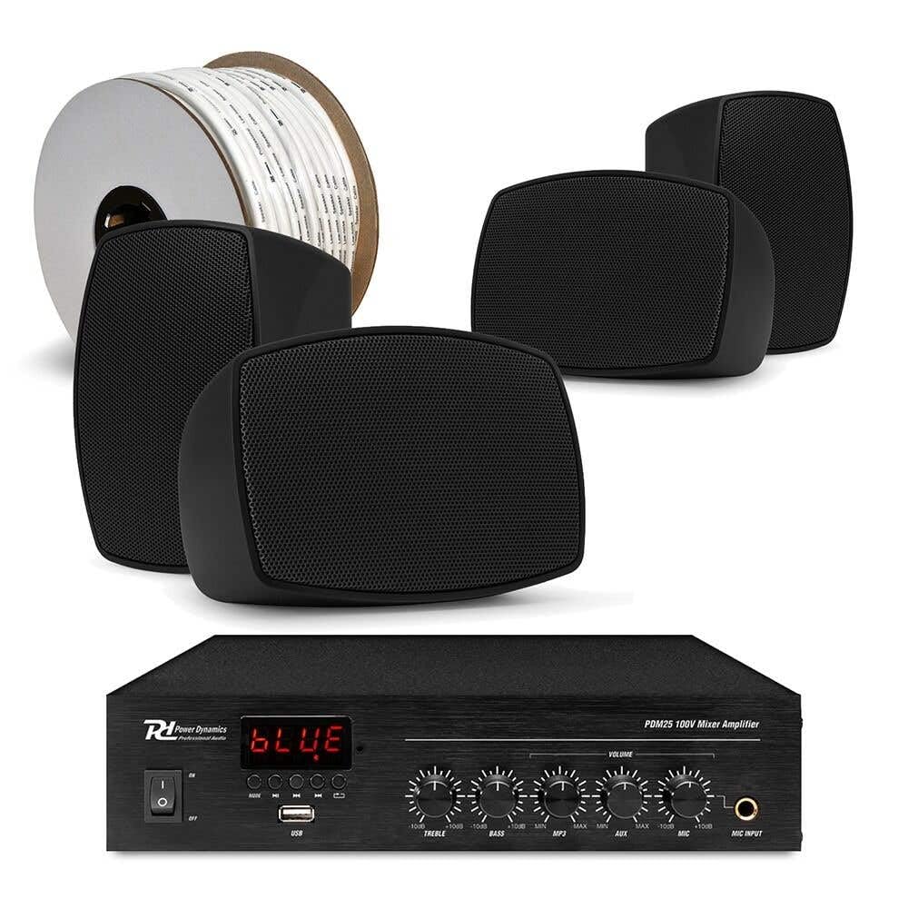 Power Dynamics 4X BHW30BK Hornlautsprecher mit PDM25 25W Verstärker Bluetooth, Mischpult-Funktion, 100V Beschallungsanlage inkl. Kabel, Outdoor, für Gastronomie – Schwarz