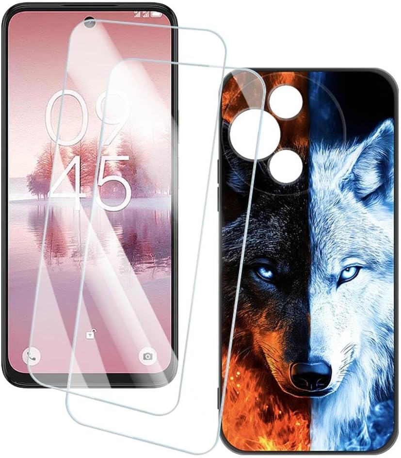 2 Pack Screen Protector + Case Compatible with TCL NXTpaper 5G Junior (6.7 inch) Case Artistic Custom Printed Cover and Tempered Glass Film Anti-Scratch (Wolf)