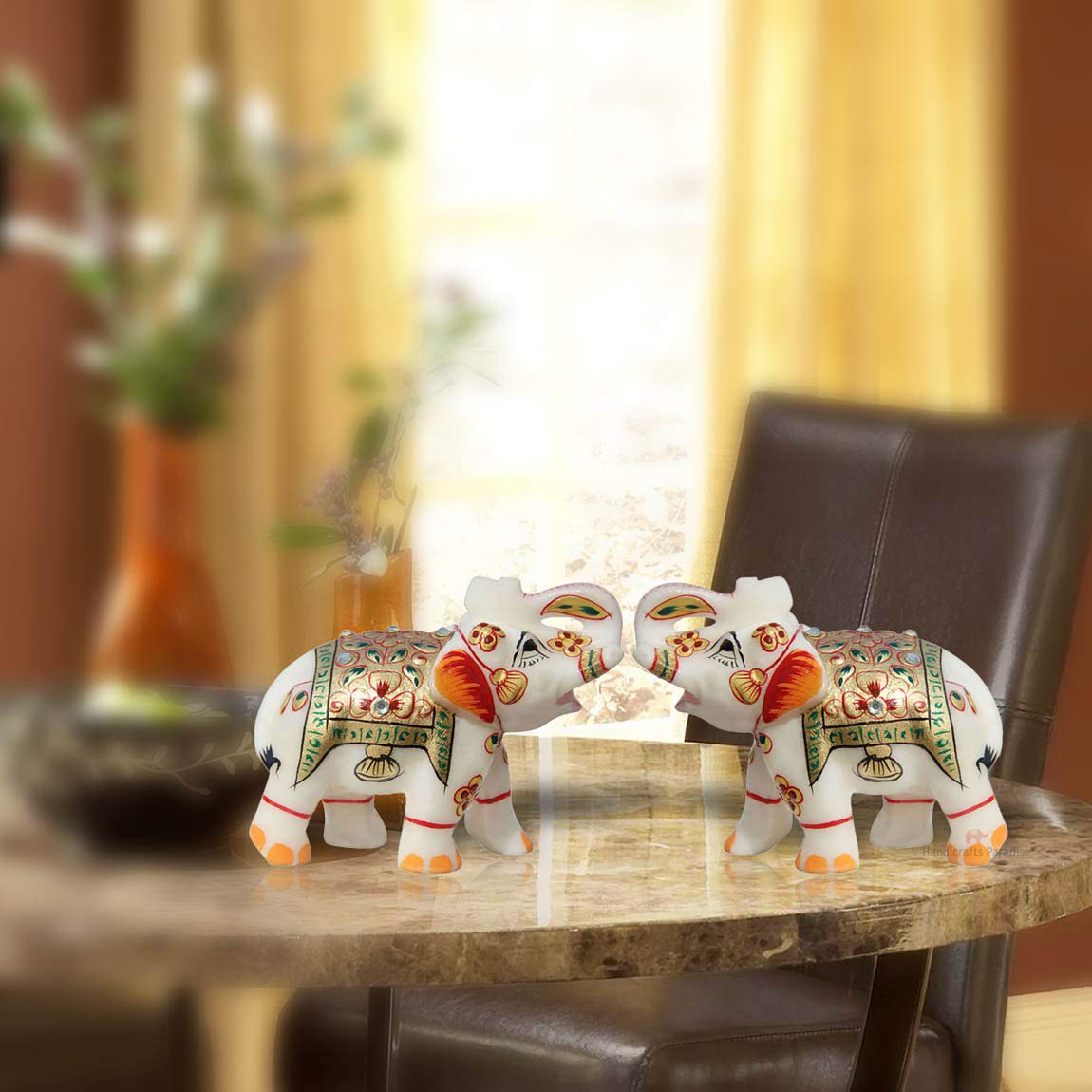 HANDICRAFTS PARADISE Pair of Marble Elephant Trunk UP Golden Emboss Painting ...