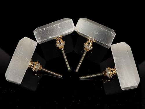 Miniatura 6 de JIC Gem 4 tiradores cuadrados blancos para gabinete, tiradores de piedra de cristal de selenita, grandes para cajones, armarios de cocina, armario