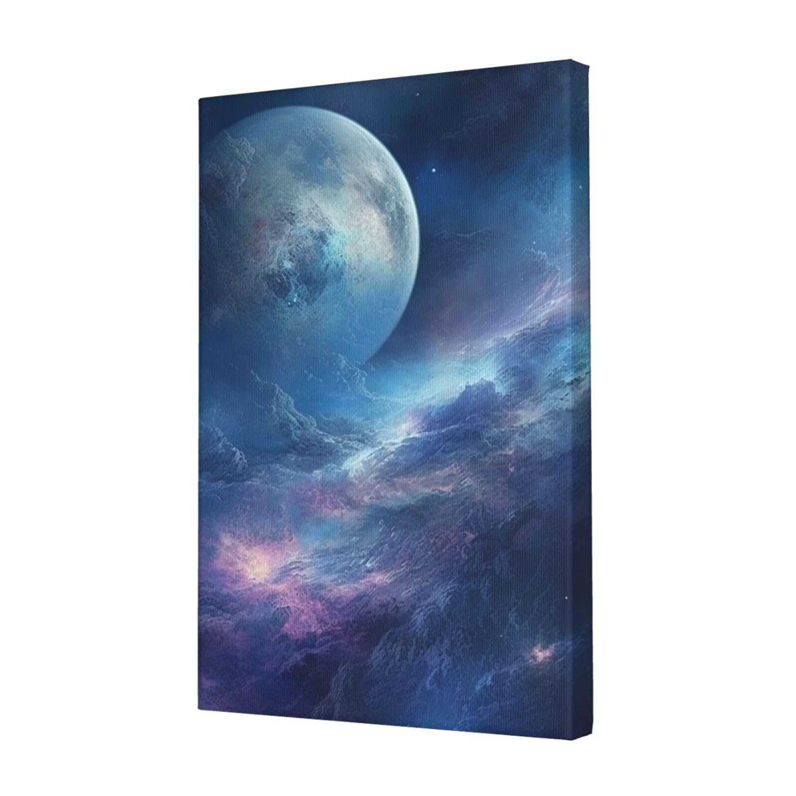 KLOPH Nebula and Moon Canvas Wall Art for Living Room 12"x18" Modern Artwork Painting for Bathroom Hanging Canvas Prints Aesthetic Wallart for Bedroom Kitchen Office Wall Decor