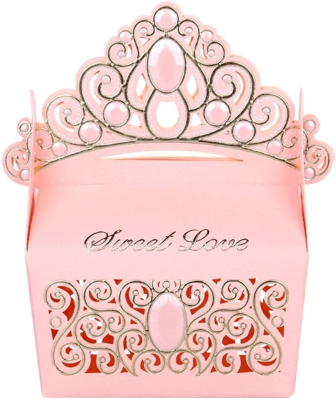 Keweis 50pcs Candy Boxes Shiny Glitter Crown Sweet Love for Wedding Favor Valentine Party Favor Gift Bag (Pink)