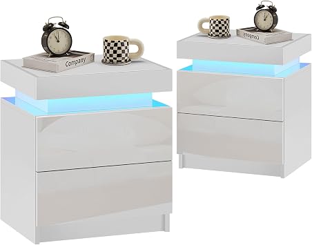OFCASA Nightstand Set of 2 with LED Lights, Smart Night Stand with Flip Top Storage, Bedside Table with 2 High Gloss Drawers, Modern End Side Table for Bedroom White