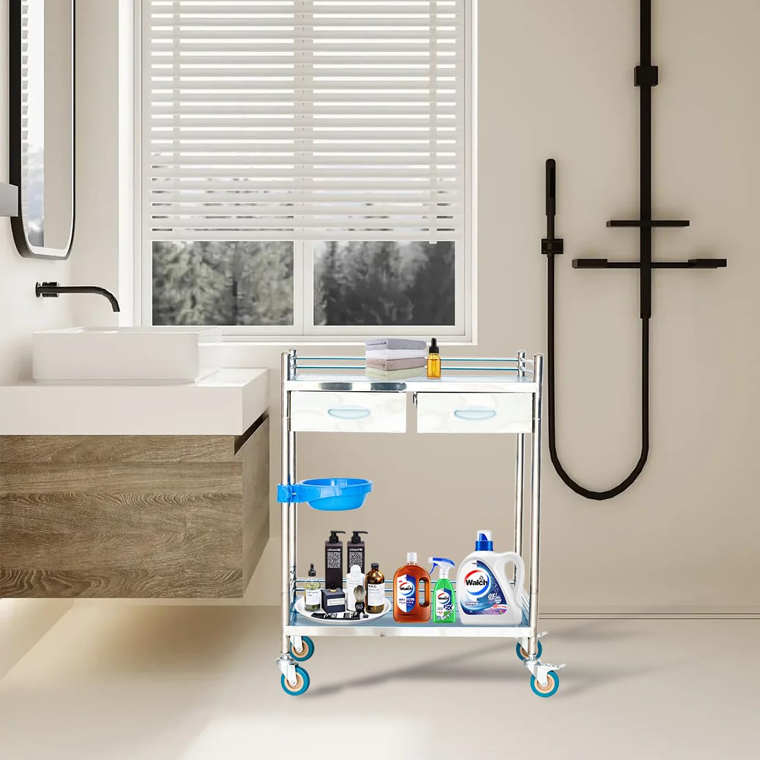 Chariot de service avec tiroirs, chariot de laboratoire en acier inoxydable, chariot de rangement à 2 étages, chariot de rangement avec roulettes, chariot de cuisine, chariot de laboratoire,