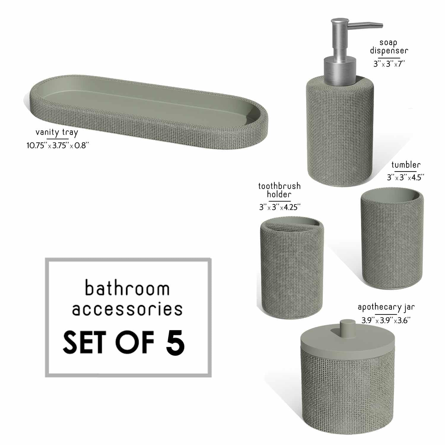 Clara Clark Juego de Accesorios de baño Verde Salvia, Juego de Accesorios de baño de 5 Piezas, Juegos de baño con dispensador de jabón, Soporte para Cepillo de Dientes, Vaso, Tarro de hisopo de