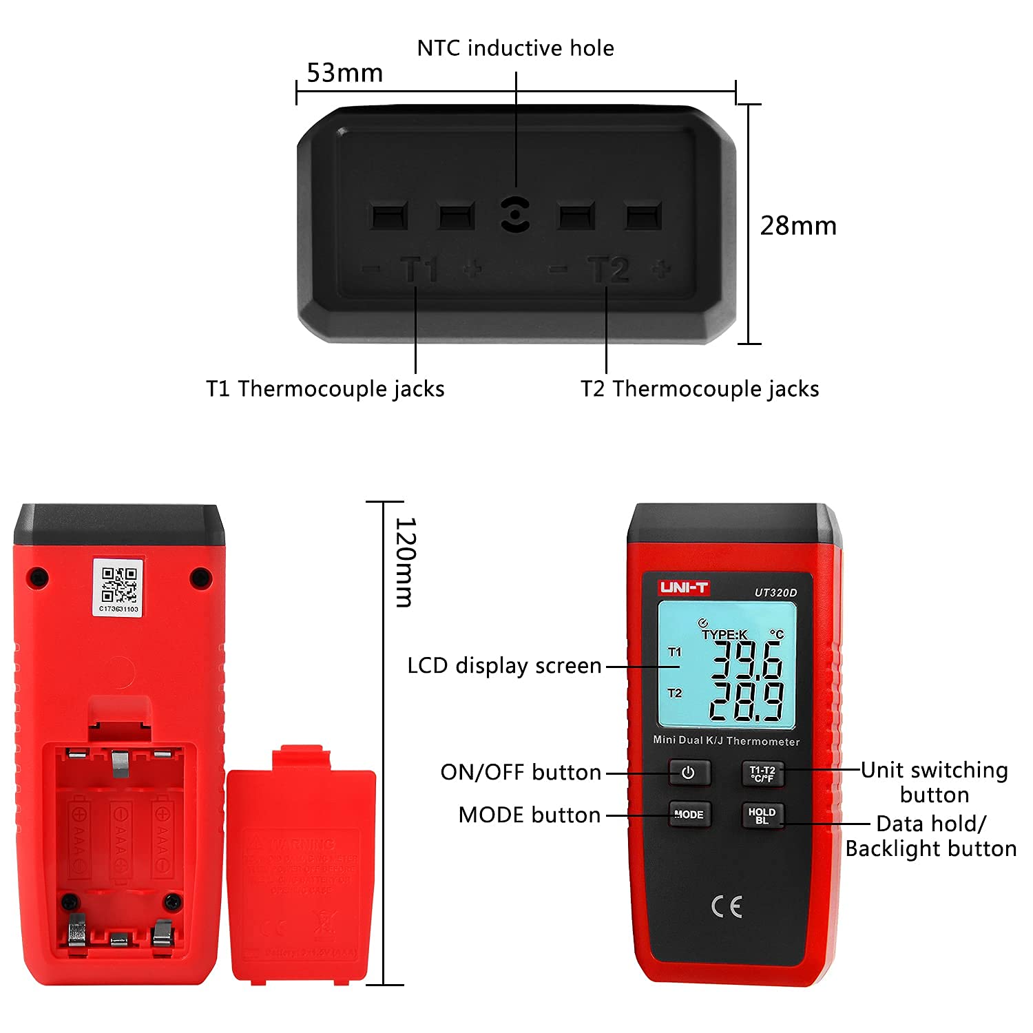 UT320D Mini Termometro Dual-channel K/J Termocoppia con retroilluminazione LCD