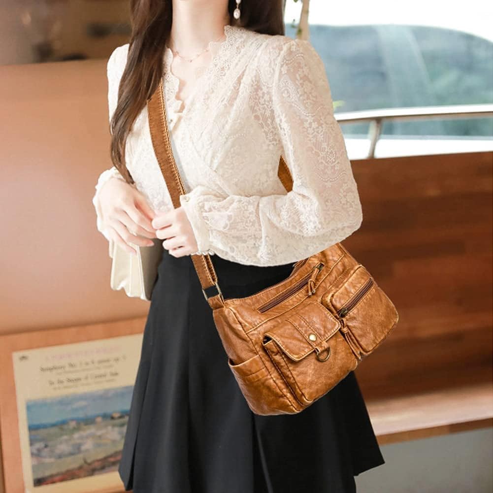 LESSO Shoulder Bag for Women Multi Pocket Crossbody Purse Soft Leather Handbag Large Capacity Messenger Satchel