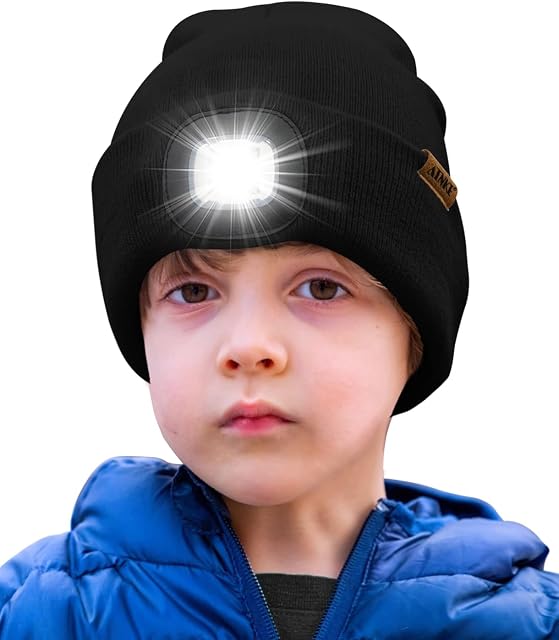 ATNKE Kids LED Lighted Beanie Hat,USB Rechargeable 4 LED Running Headlamp Ultra Bright Cap with Light Hands Free Head Torch Winter Warm Knit Beany Great Gifts for Boys and Girls