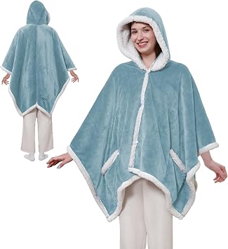Sealy Heated Throw Wearable Shawl Wrap with Pockets, Reversible Flannel to Sherpa Electric Blanket Hoodie Poncho with 6 Heating Levels & 2-10 Hours Time Settings, 50 X 60 Inch, Light Blue