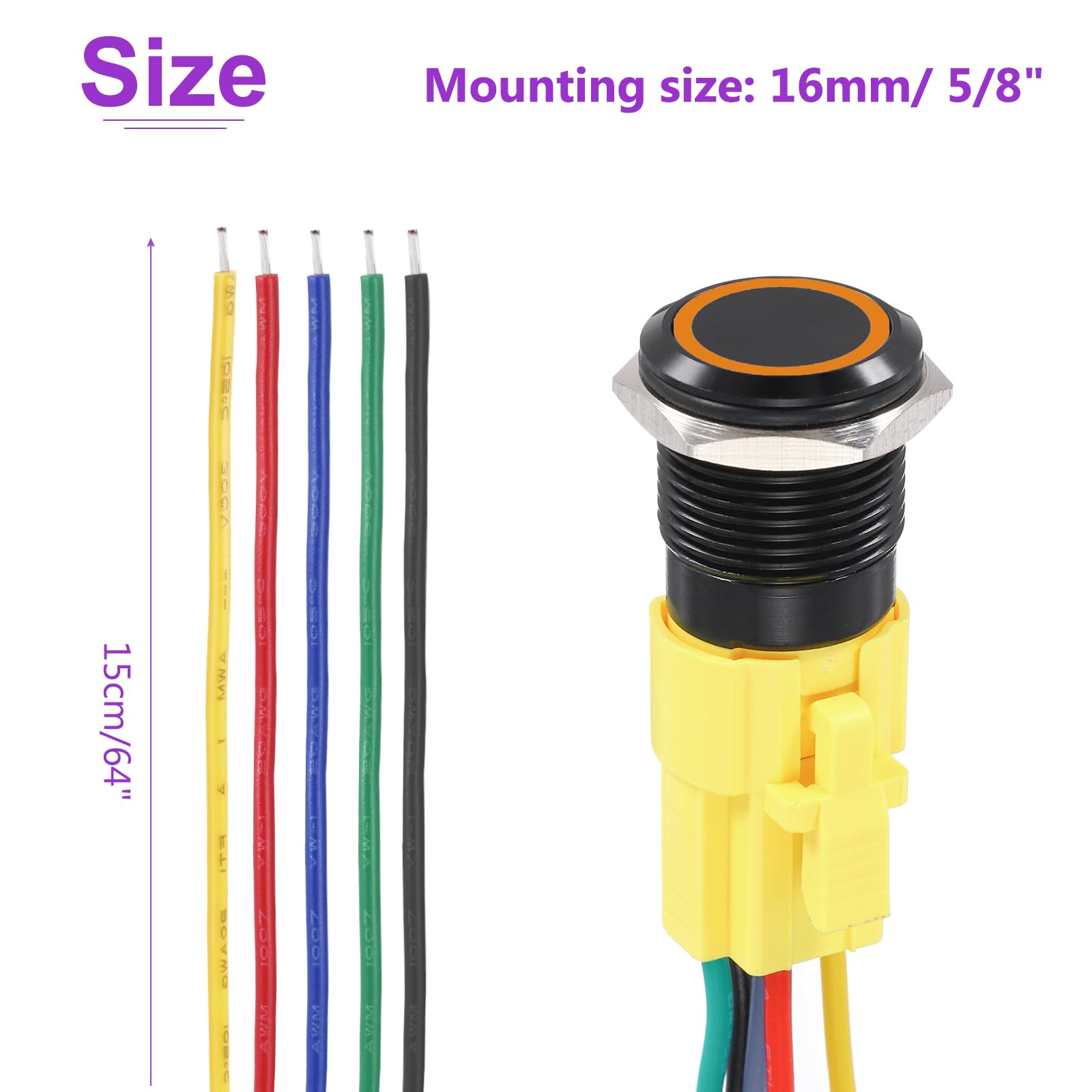 DMiotech 2 Pack 16mm / 5/8" Aluminium Alloy Latching Push Button Switch Flat Head 5A 250V Black Shell with Cable Socket Orange LED 1NO1NC for Car Boat Systems Custom Setups - Image 4