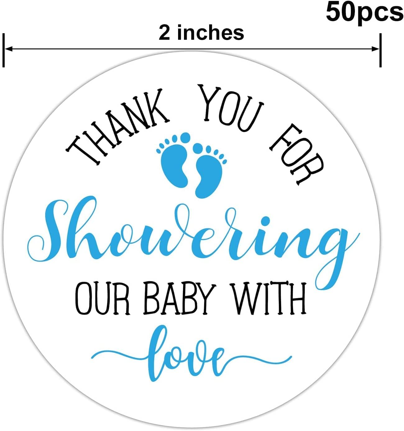 50 Blue Little Feet Baby Shower Stickers - Thank You for Showering Our Baby With Love, Favors for Boys, Labels, 2 Inch - Image 3