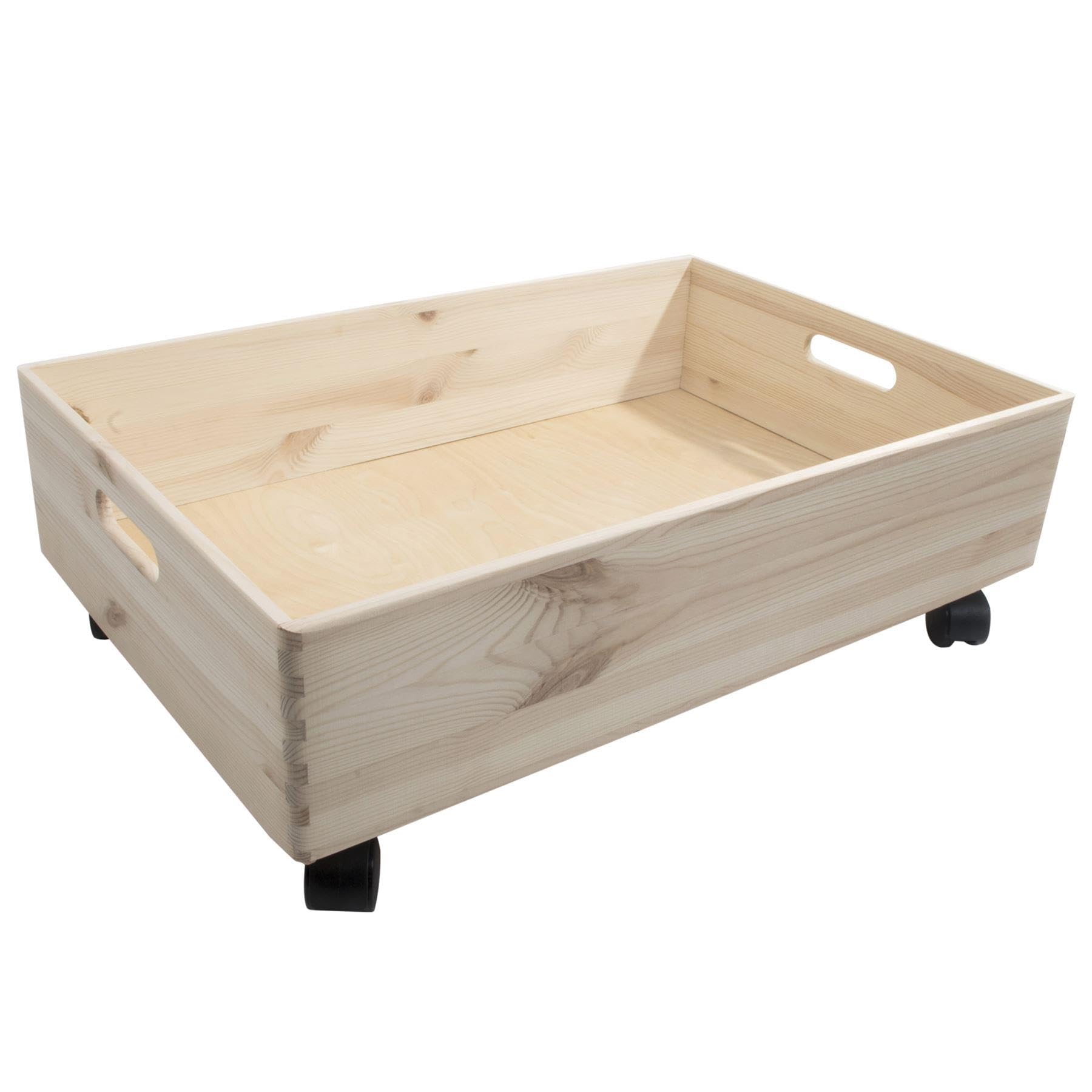 WooDeeDoo Extra-Large Shallow Wooden Storage Crate with Wheels – Low-profile Open-Top Mobile Box for Crafts Toys Underbed Home Office Organisation – Unfinished Natural Wood – 59.5 x 39.5 x 18.5 cm
