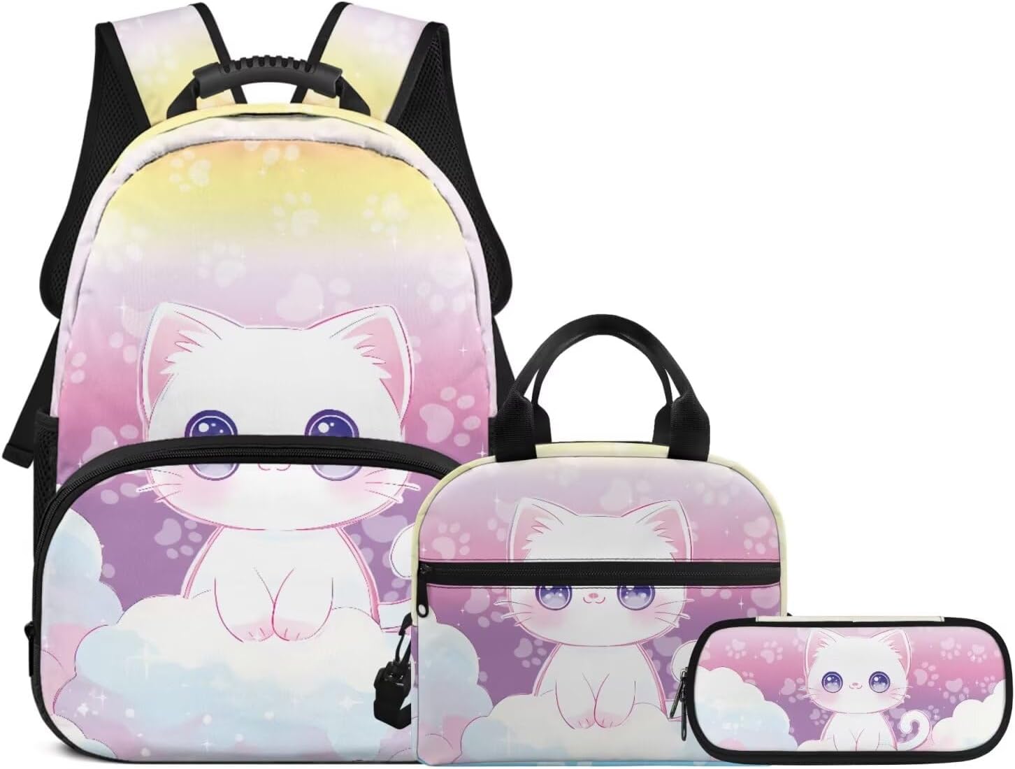3pcs Teens School Bag,Backpack for Girls with Reusable Insulated Lunch Box Big Capacity Pen Case Set,Daypack for Elementary Cute Cat Cloud