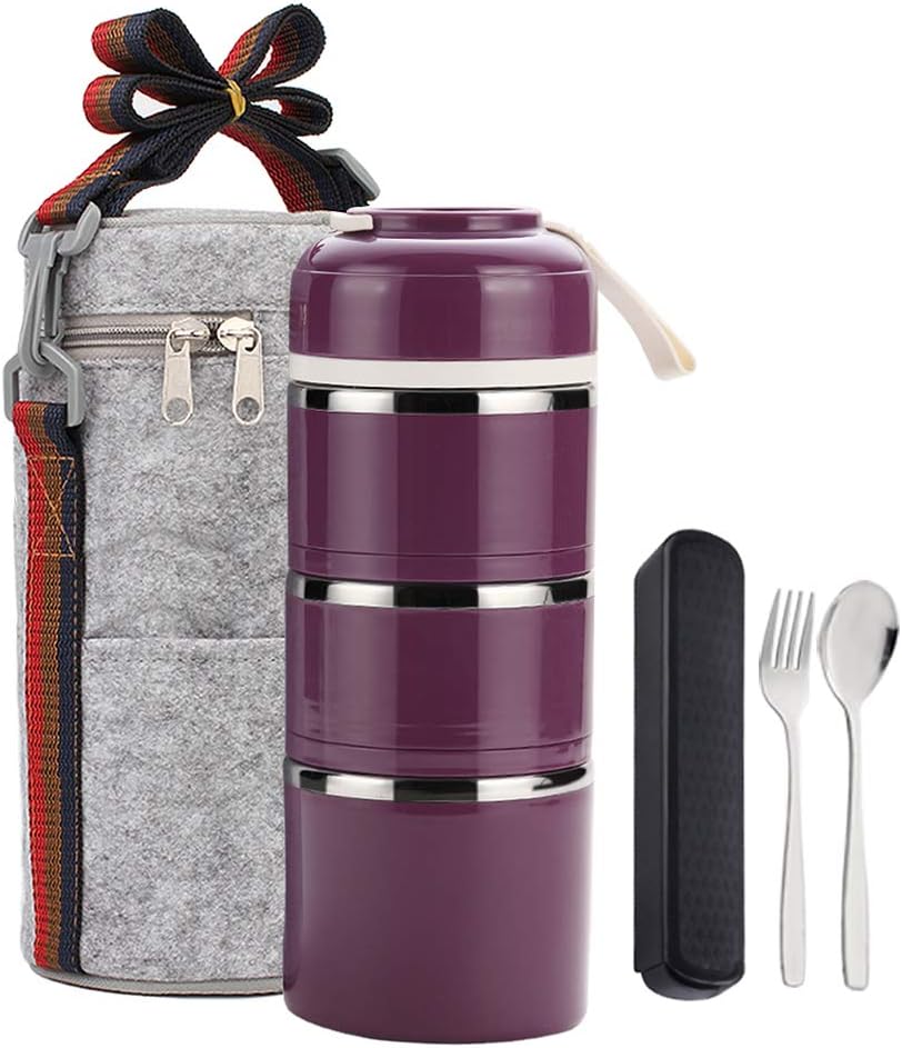 WORTHBUY Bento Lunch Box Leakproof Stainless Steel Stackable Lunch Box with Bag and Reusable Cutlery Set Thermal Food Storage Container for Healthy On-The-Go Meal and Snack Packing (3-Tier, Purple)