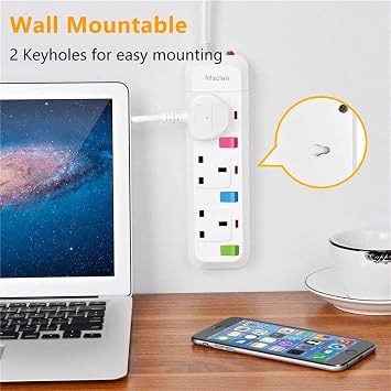 Mscien 5M 3 Way Long Extension lead Individually Switched Mountable Surge Protected Power Strip with 5 Meter Extension Cable-White/Random Switch Color
