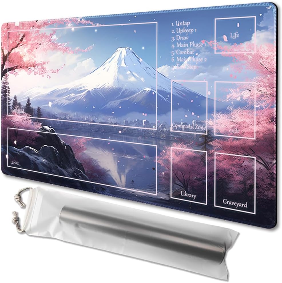 MTG Playmat Size 24x14in Free Storage Bags Non-Slip Backing, Ideal for Card Game Enthusiasts TCG Playmat Mouse Pad (Fuji Sakura Snow-Deck)