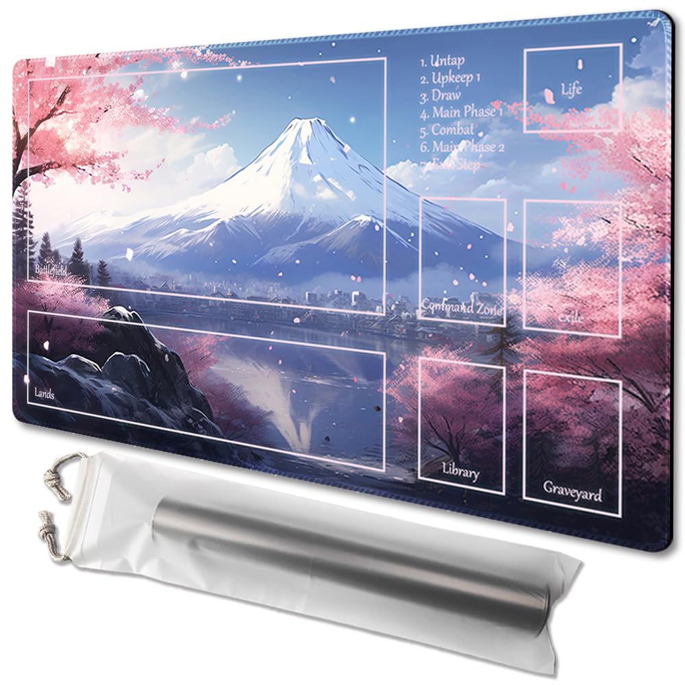 MTG Playmat Size 24x14in Free Storage Bags Non-Slip Backing, Ideal for Card Game Enthusiasts TCG Playmat Mouse Pad (Fuji Sakura Snow-Deck)