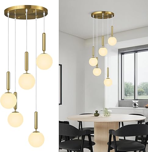 Miniatura 10 de 9-Lights Gold Chandelier with Milk White Glass Mid Century Modern Globe Pendant Light for Foyer Living Room Entryway Hallway Oro (vidrio de