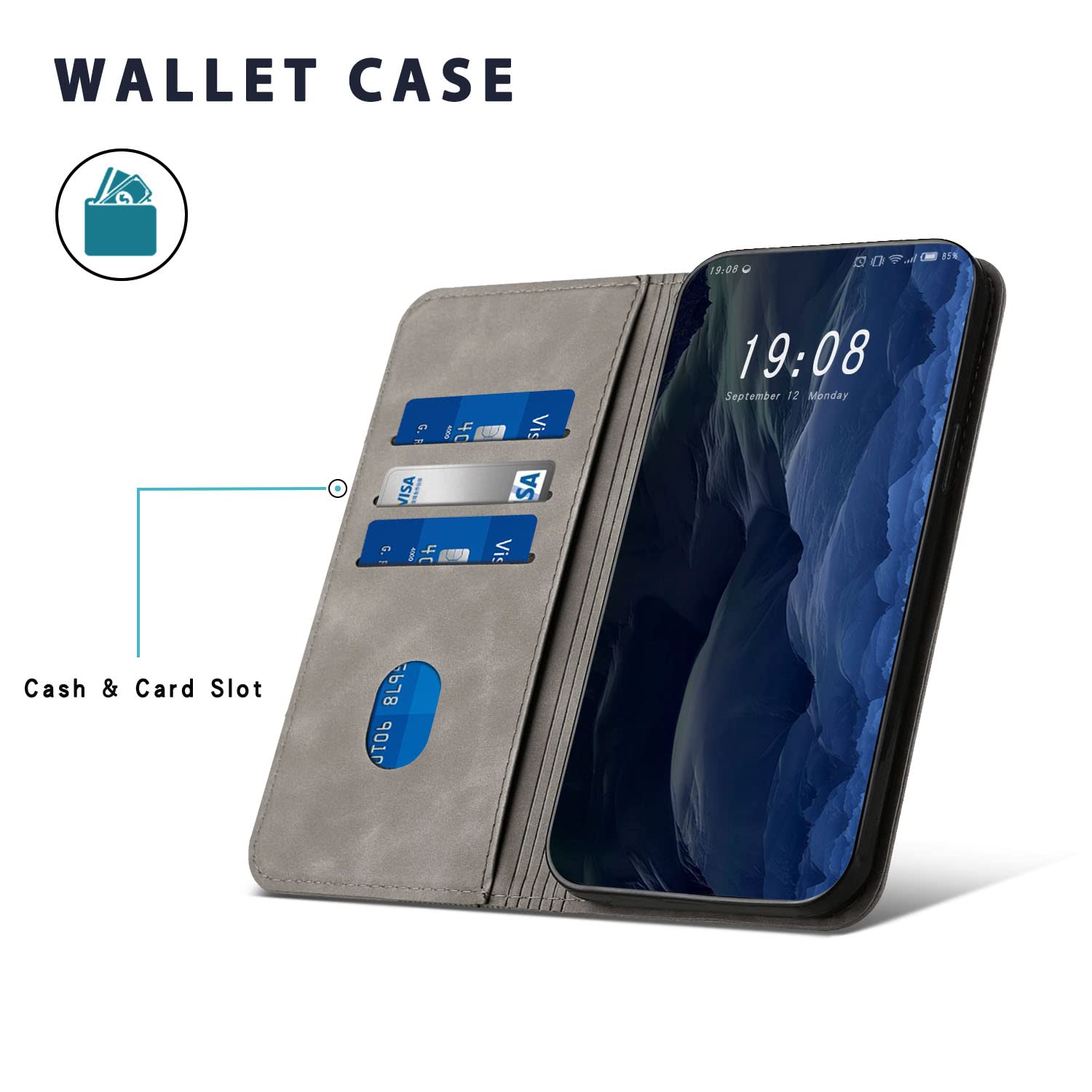 Case Compatible with Xiaomi Redmi A1, Premium PU Leather Wallet Case with [Card Slots] [Viewing Stand], Shockproof Flip Cover for Redmi A1 (Grey) — view 4
