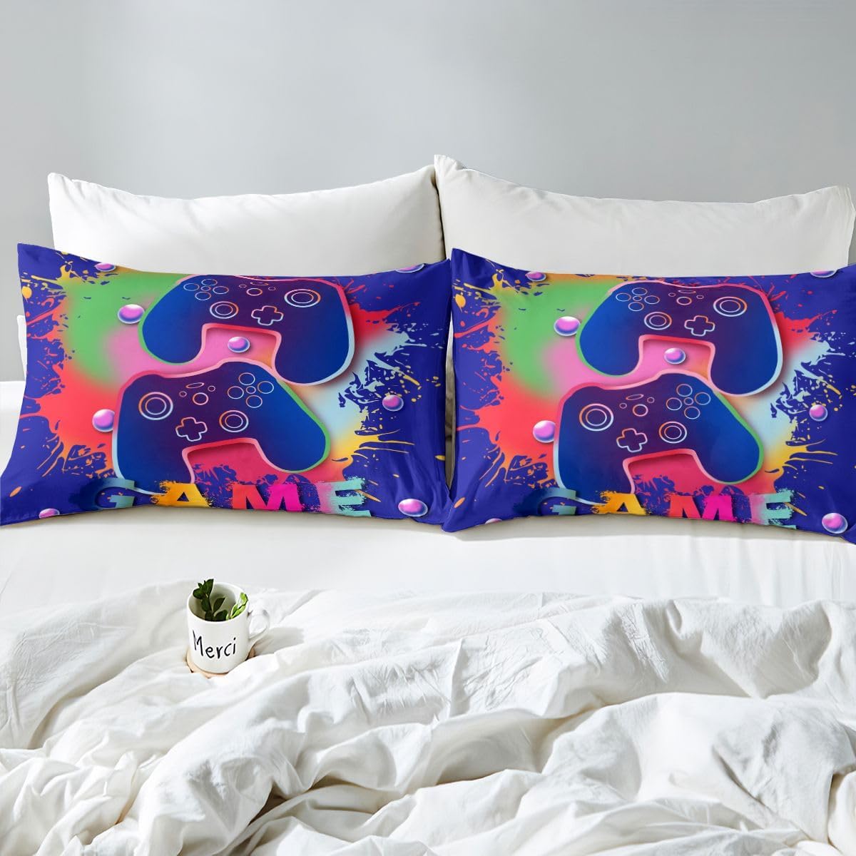 jejeloiu Kids Blue Gamer Comforter Cover Toddler Size, Graffiti Style Gaming Bedding Set Boys Girls for Modern Game Duvet Cover Teens Bedroom Decor Quilt Cover 2Pcs (No Comforter)