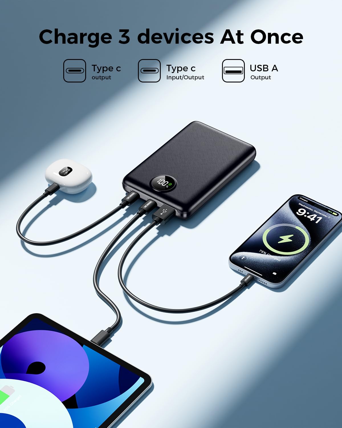 Power Bank Fast Charging 10000mAh, 22.5W Portable Charger(USB-C Input & Output), PD 3.0 QC 3.0 External Mobile Phone Battery with LED Display, Compatible with iPhone 17 16 15 14 13 12 Pro Max and More — view 3