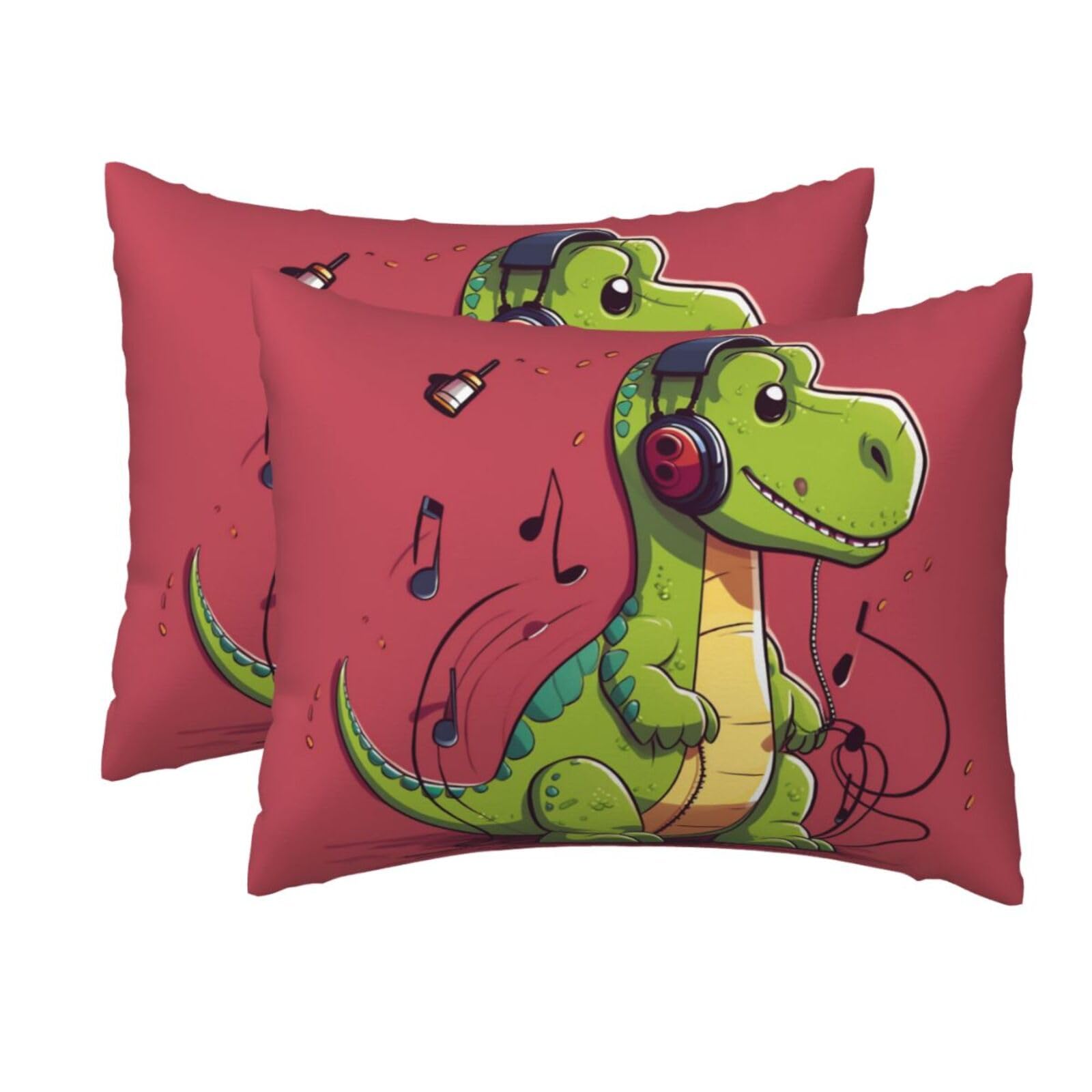 2 Pack Standard Size Pillow Cases for Hair and Skin Soft Breathable Pillow Case Covers with Hidden Zipper Dinosaur Wearing Headphones Pillowcase 20x26 Inches Pillow Cover for Sleeping Gift