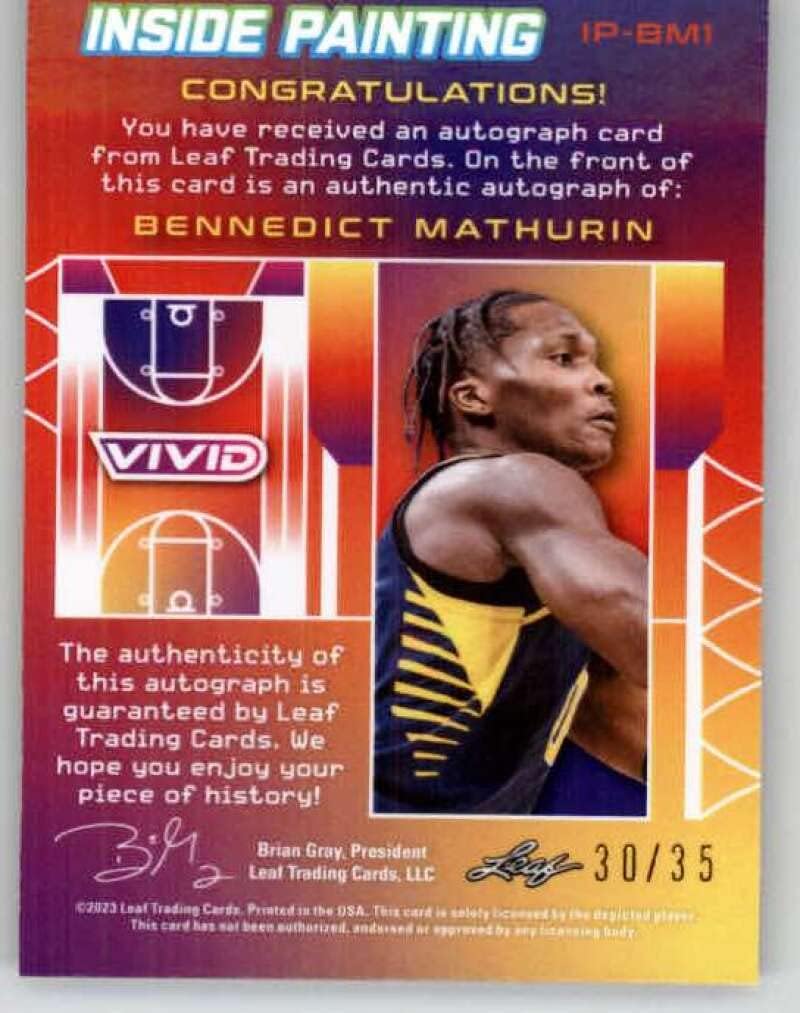 2022-23 Leaf Vivid Inside Painting Autographs Red #IP-BM1 Bennedict Mathurin RC Rookie AUTO 30/35 Basketball Trading Card