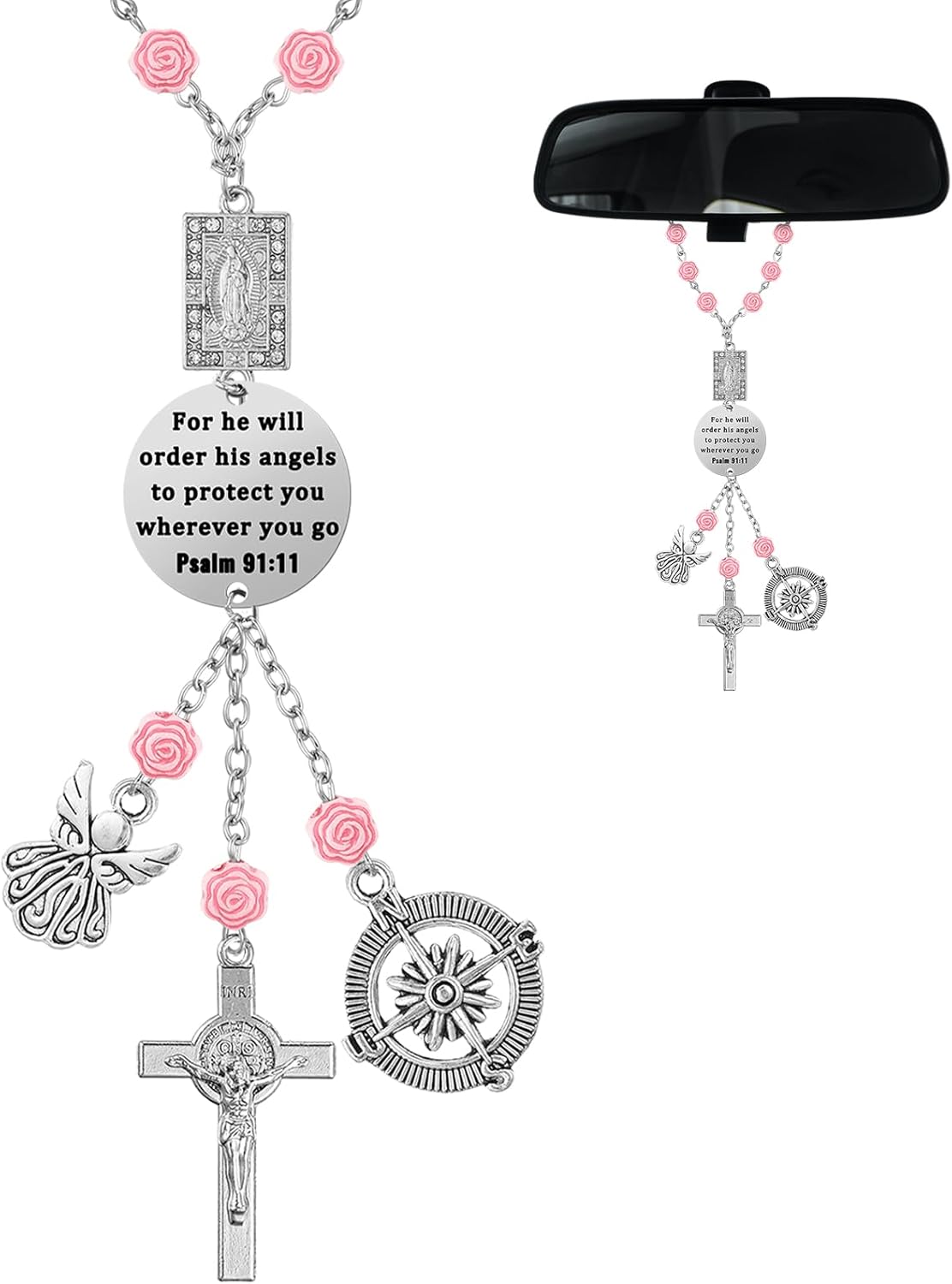 Quelay Car Rosary for Rearview Mirror Cross Car Charm Rosary for Mirror Hanging Psalm 91: 11 Bible Verse Charm Bracelets Religious Gifts New Driver Guardian Angel Gift for Women