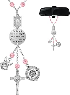 Quelay Car Rosary for Rearview Mirror Cross Car Charm Rosary for Mirror Hanging Psalm 91: 11 Bible Verse Charm Bracelets Religious Gifts New Driver Guardian Angel Gift for Women