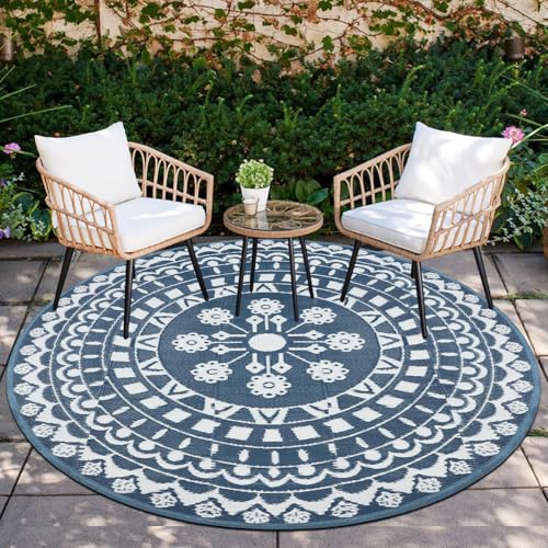 Capslpad Runde Außenterrasse Teppich Wende Picknickmatte Wasserdichter Kunststoff-Strohteppich Boho Runde Innen Außenbereich Teppich für Wohnmobil Hinterhof Balkon Picknick Strand