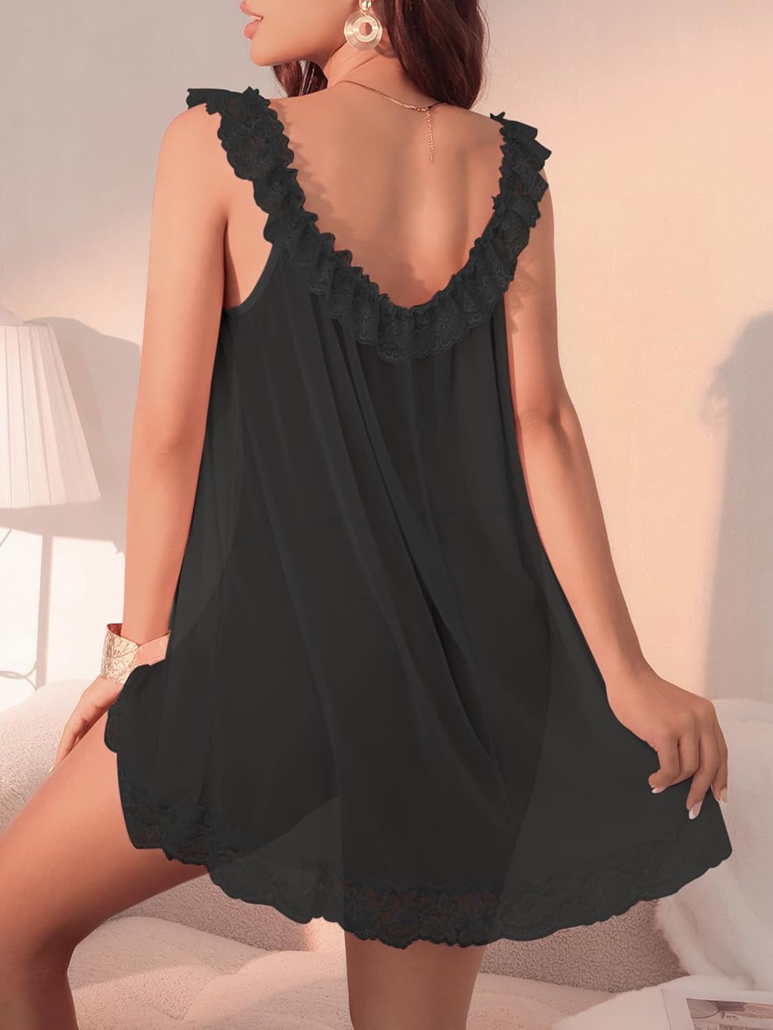 Sexy Split Side Lace Ruffle Bows Mesh Sheer Babydoll Lingerie Dress with Thong Set 2 Piece - Image 2