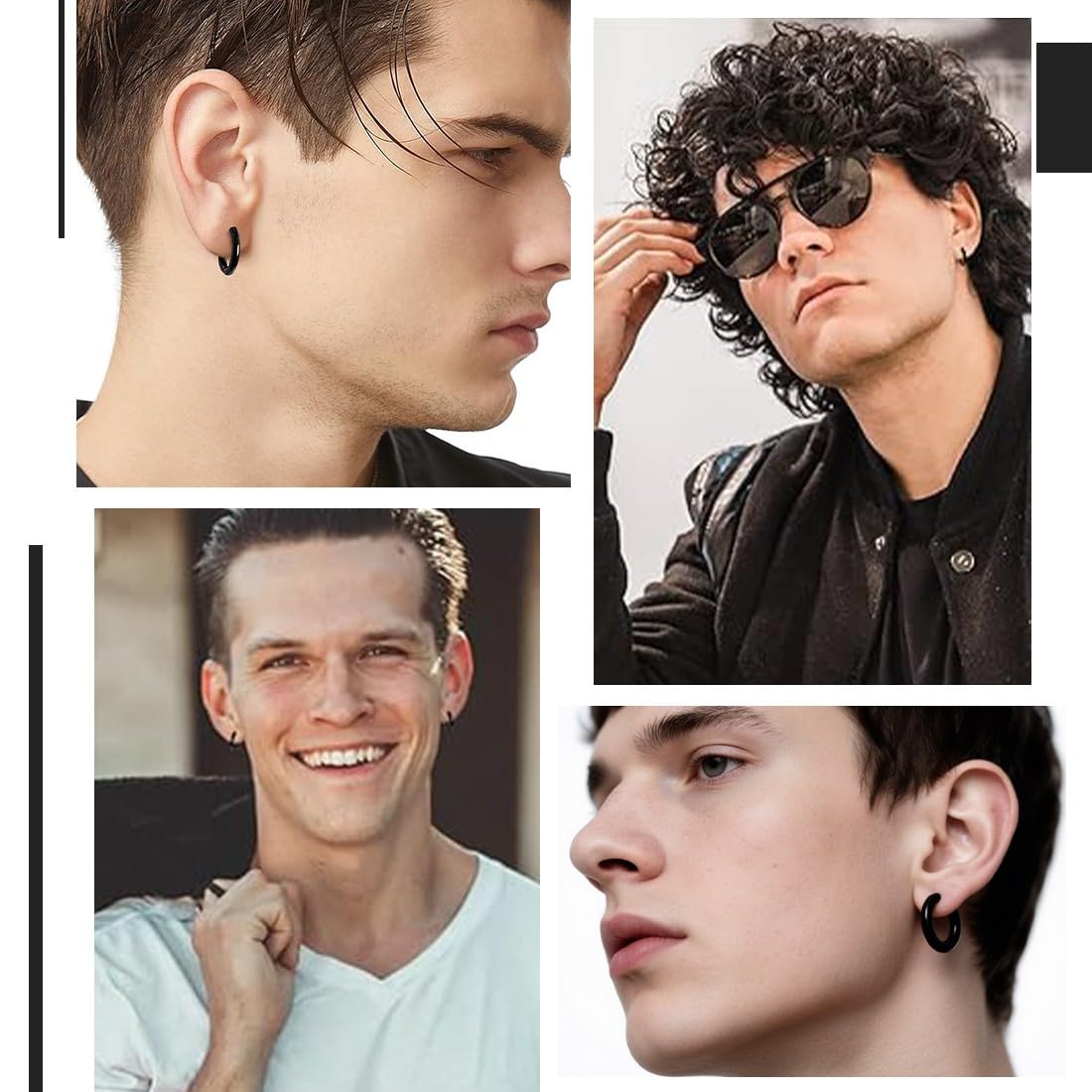 2 Paia Orecchini Non-Piercing, Acciaio Inossidabile, Design a Cerchio, Argento/Nero, Clip On