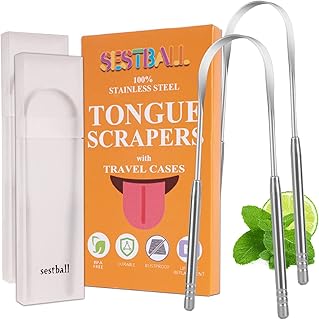 Tongue Scraper (2 Pack with Travel Case), Tongue Cleaner for Reduce Bad Breath, Stainless Steel Tongue Scrapers for Adults & Kids, 100% Metal Tongue Scrubber Set for Oral Care