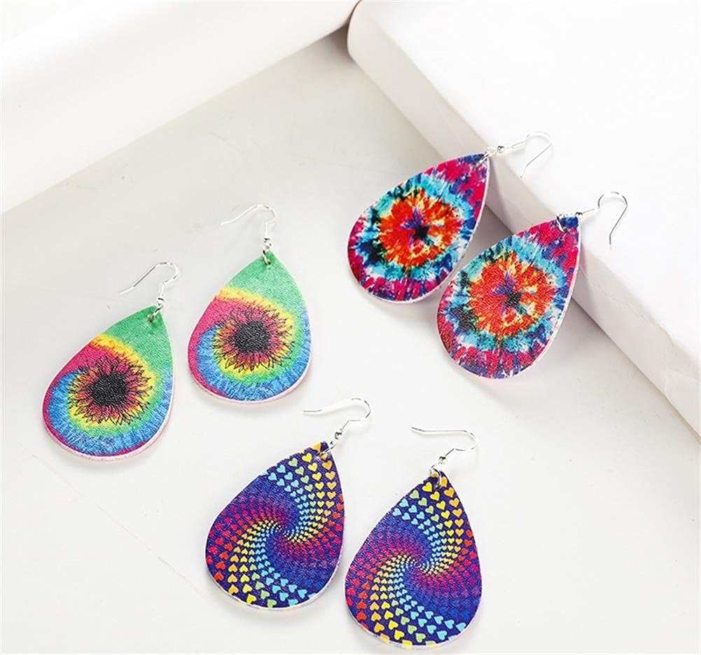 9Pairs Tie Dye Printed Leather Drop Earrings Set Lightweight Bohemia Teardrop Earrings Colorful Vintage Handmade Leather Dangle Earrings for Women Vaction Jewelry - Image 4
