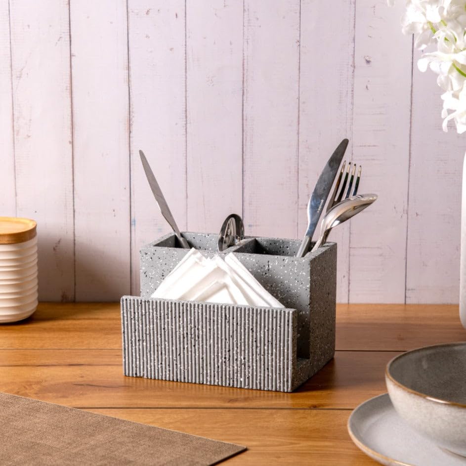 ESQ Living Cutlery Holder for Kitchen with Napkin Holder | Countertop Organizer - Spoon Fork Knife Napkin Tissue Paper | Luxury Cutlery Holder for Dining Table, Home, Restaurant - Speckled Grey