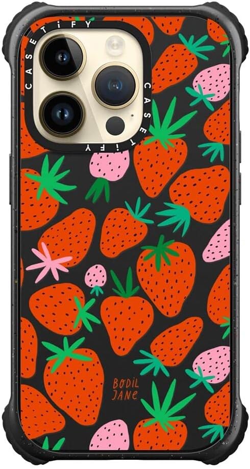 CASETiFY Ultra Impact iPhone 14 Pro Case [5X Military Grade Drop Tested / 11.5ft Drop Protection/Compatible with Magsafe] - Strawberries - Matte Black
