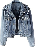 Kedera Women's Oversized Pearl Embroidered Denim Jacket - Vintage Boyfriend Jean Coat for Weddings & Fall