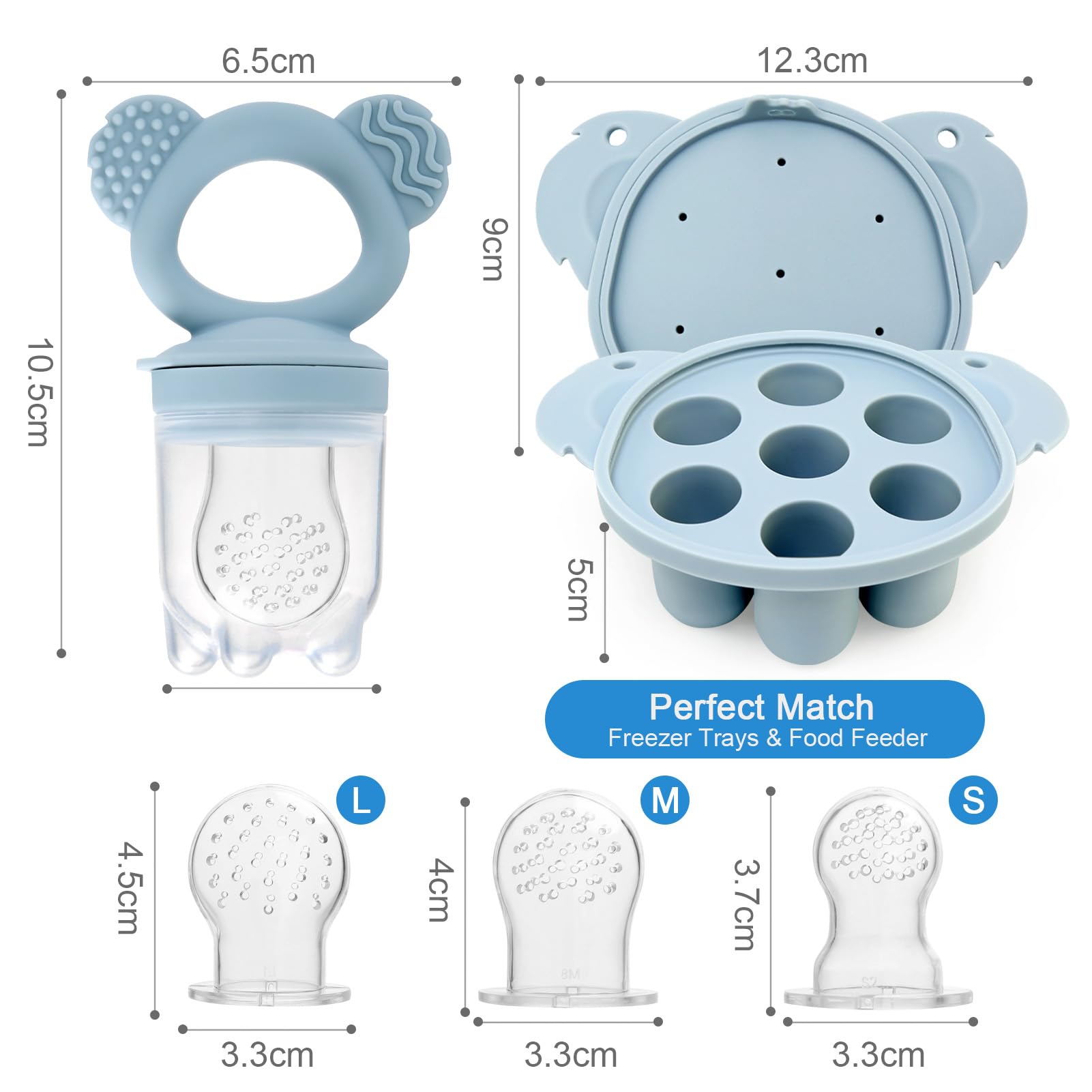 JoyPlus Chupete Fruta Bebe con 3 Tetinas de Silicona sin BPA, Chupete para Fruta Bebe y Bandejas para Congelar Comida de Bebé con Tapas para Leche Materna, Mordedor Fruta Bebe de 3 6 12 24 Meses