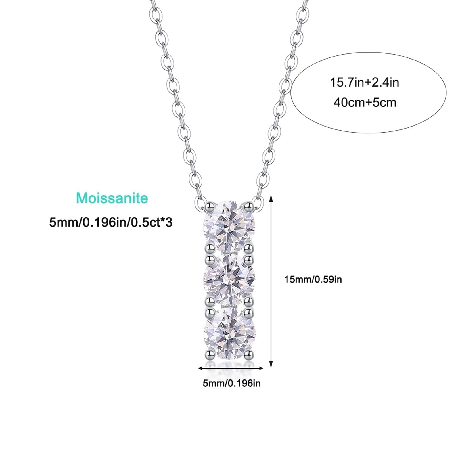 Collares de oro blanco para mujer con moissanita, oro blanco/platino, collar ajustable para mujer, tres piedras simples