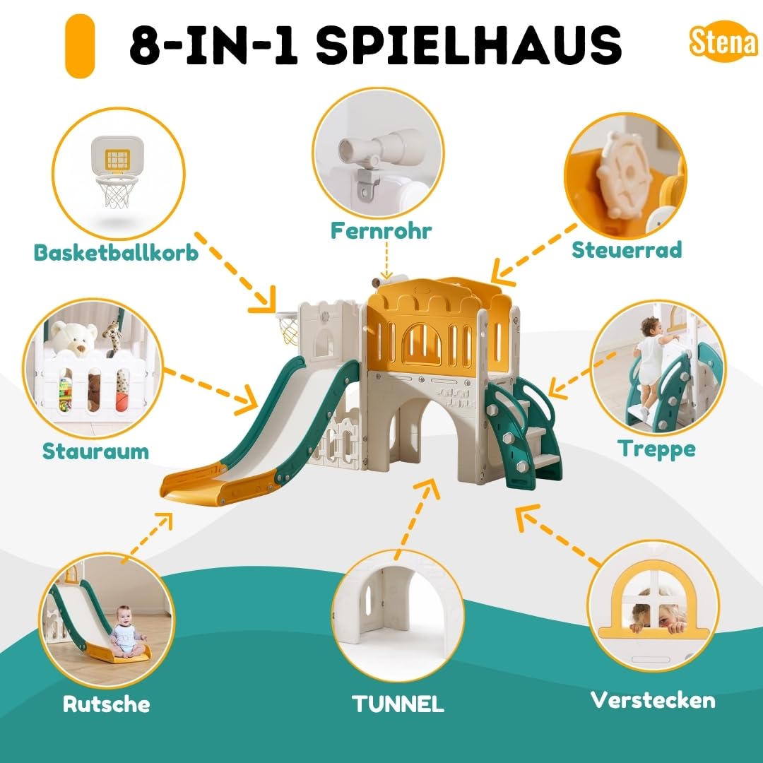 Stena Spielhaus mit Rutsche und Brücke - Basketballkorb, Ball & Spielzeug-Teleskop - Indoor & Outdoor - Spielturm - Klettergerüst für Kleinkinder
